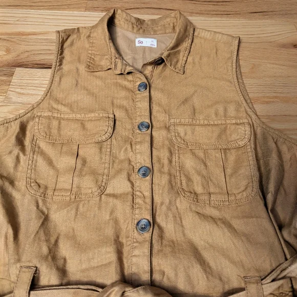 SO Romper Tan XL Sleeveless Utility Cargo Shorts Jumpsuit Military Button-Up - Picture 1 of 14